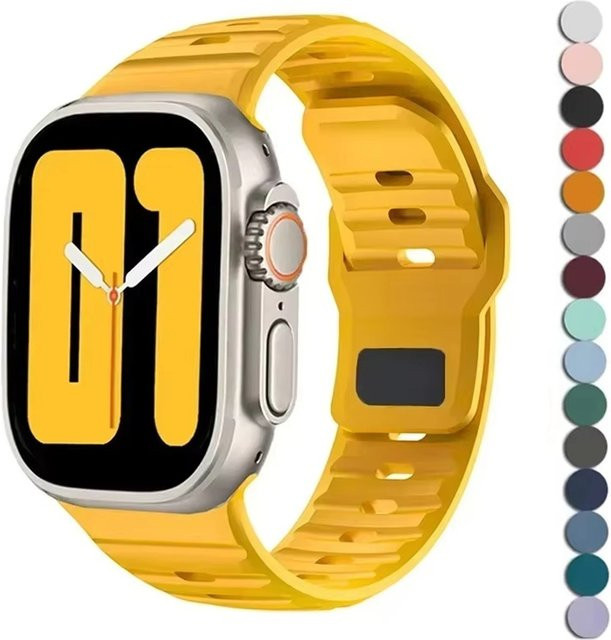 KAFNHCKA Sportarmband aus weichem Silikon für Apple Watch und iWatch Serie 9 8 7 6 5 4 3 2 SE, Unisex, Schwarz und Gelb - Bild 1