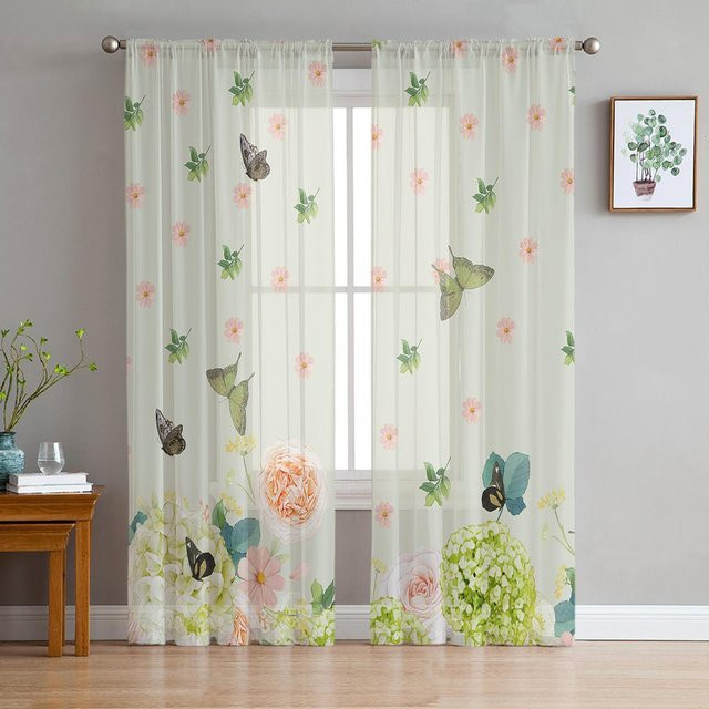 Dekorative Tüll-Vorhänge mit Blumen- und Schmetterlingsmuster in Weiß, Breite: 135 cm, Höhe: 115 cm - Bild 1
