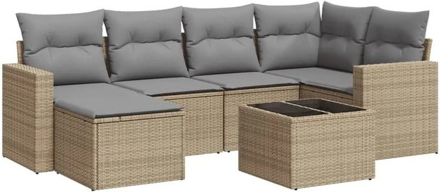 vidaXL 7-tlg. Garten-Sofagarnitur in L-Form aus Poly-Rattan mit Kissen in Beige - Bild 1
