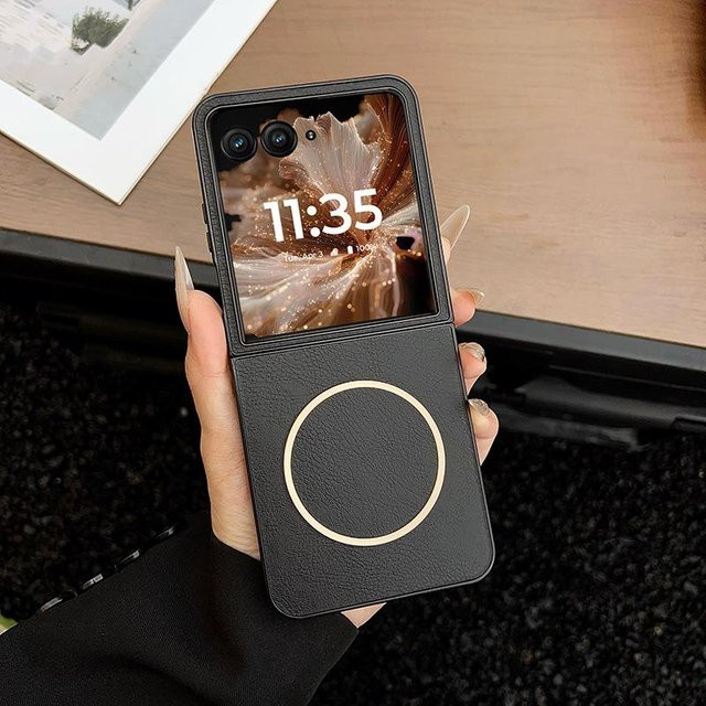 Retro Faltschirm Ledertasche für Motorola Razr 50 und Razr 60 Ultra in Schwarz mit magnetischer Saugung und kabellosem Laden - Bild 1