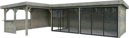 PALMAKO Pavillon Lenna Set 420 Slide aus Fichtenholz in Grau mit Flachdach, Alu-Schiebetüren, Eck-Tresenanlage und PZ-Schloss, B/T/H: 876 x 588 x 245 cm - Bild 1