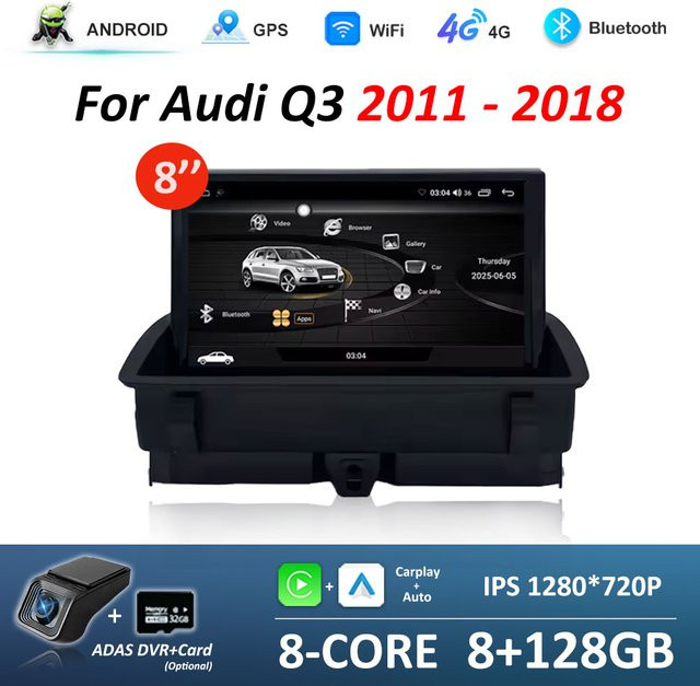 KJ-NAVI Multimedia Radio für Audi Q3 2011 - 2018 mit Android 14, 8 Zoll Touchscreen, Wireless CarPlay, GPS und WIFI in Schwarz - Bild 1