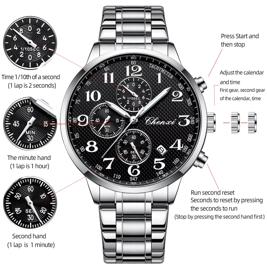 CHENXI Chronograph, Edelstahl, Quarz, Schwarz, Herren - Bild 5