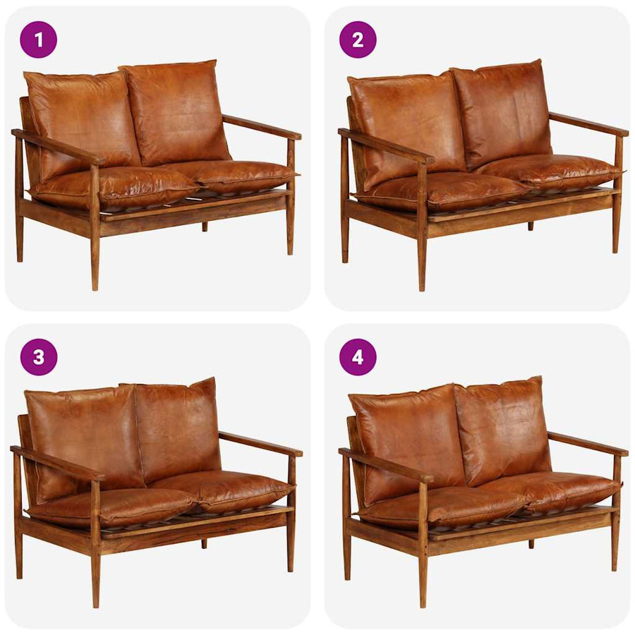 vidaXL 2-Sitzer-Sofa aus Echtleder und Akazienholz in Braun im Vintage-Stil - Bild 5