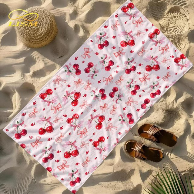 Lism Strandtuch mit Kirsch- und Schleifenmuster, schnelltrocknendes Mikrofaser-Handtuch für Strand und Pool, Farbe: Weiß, B/L: 70 x 180 cm - Bild 1