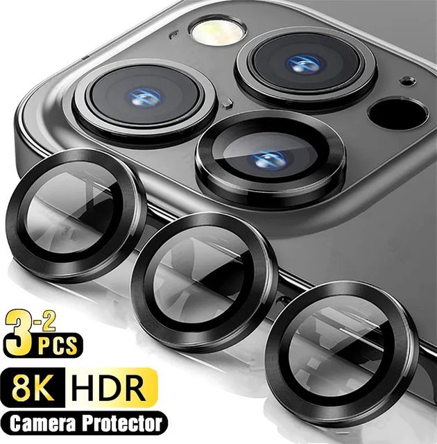 3-2er Set Metall Kamera Objektiv Schutz mit Glas für iPhone 15 14 13 Pro Max 13 Mini in Schwarz - Bild 1