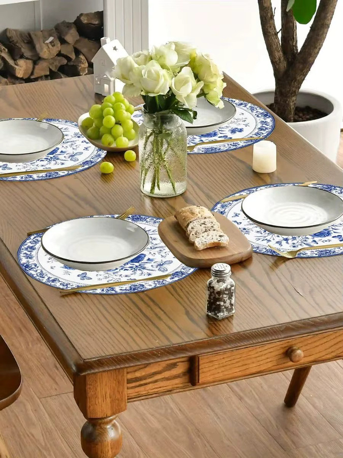 VIKAMA 4er Set Tischsets American Country Style mit blauen und weißen Blumen und Schmetterlingen, rund, wasserdicht - Bild 4