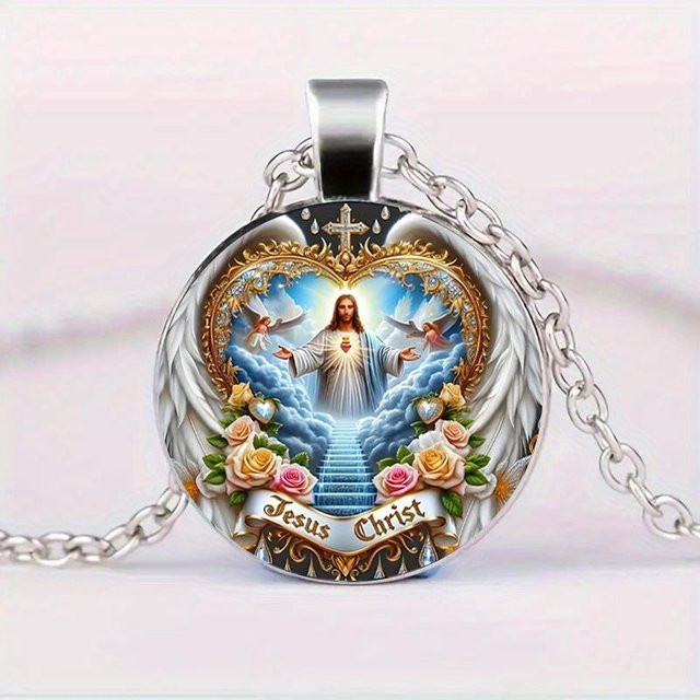 KAYOU Halskette, Glasanhänger, religiöse Figur, Kreuz, Silber, Aluminiumlegierung, Unisex - Bild 1