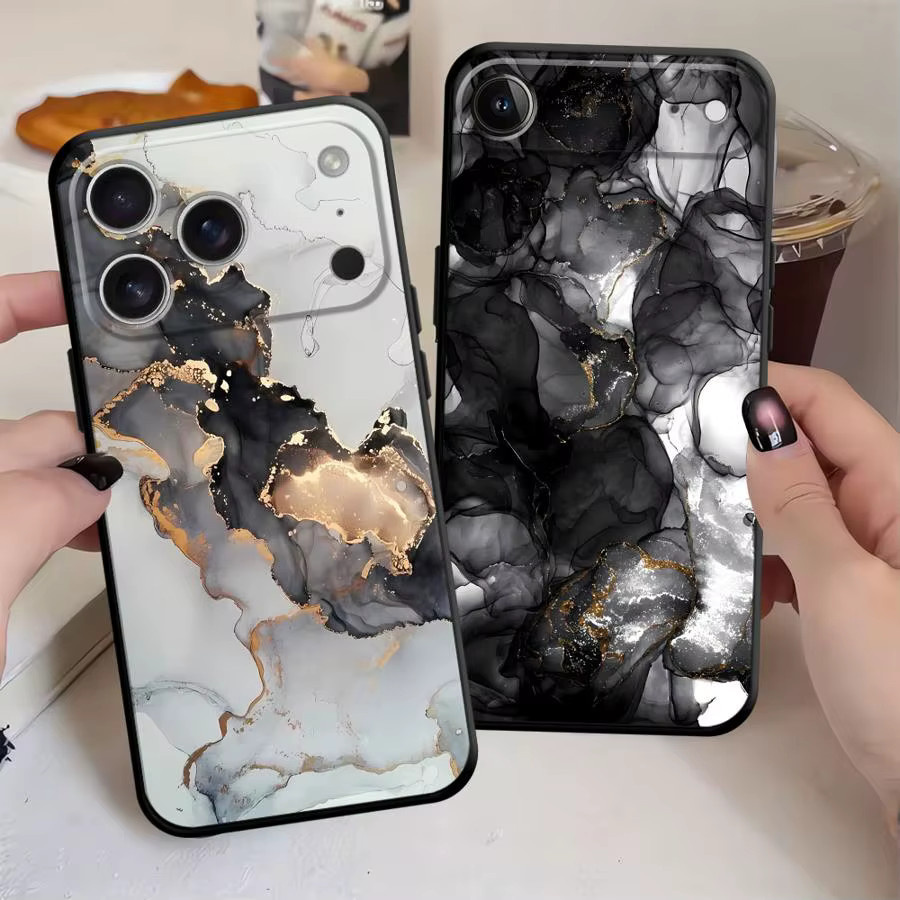 Schwarze weiche Handyhülle mit Kunstvollen Tinten- und Aquarellmustern für Apple iPhone 11 12 13 14 15 16 17 Pro Max XS XR Plus Air - Bild 2