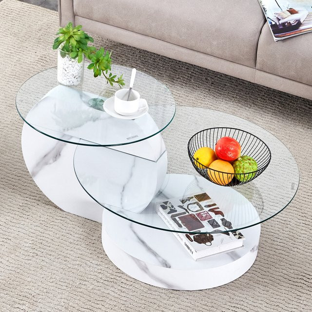 Ye Moderner Couchtisch mit weißem Marmor-Look aus Sicherheitsglas und MDF, zweischichtiges Design in Weiß, Grau oder Transparent - Bild 1