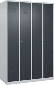C+P Spind Classic PLUS Garderobenschrank mit 4 Abteilen, Stahlkonstruktion, Zylinderschloss und 3 Garderobenhaken, Farbe: Grau, H x B x T: 185 x 120 x 50 cm - Bild 1
