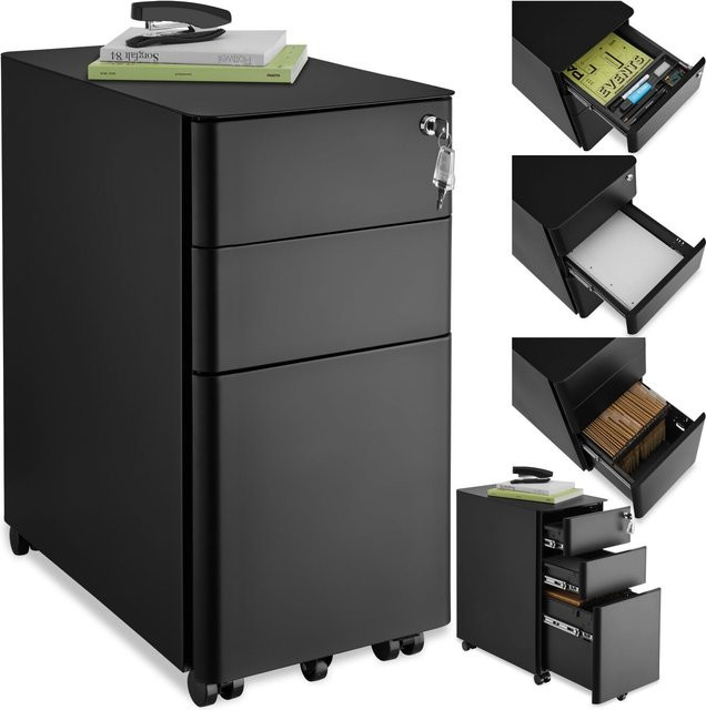 tectake Aktenrollschrank aus pulverbeschichtetem Stahl in Schwarz mit Rollen und Schloss, B/T/H: 30 x 50 x 59,5 cm - Bild 1