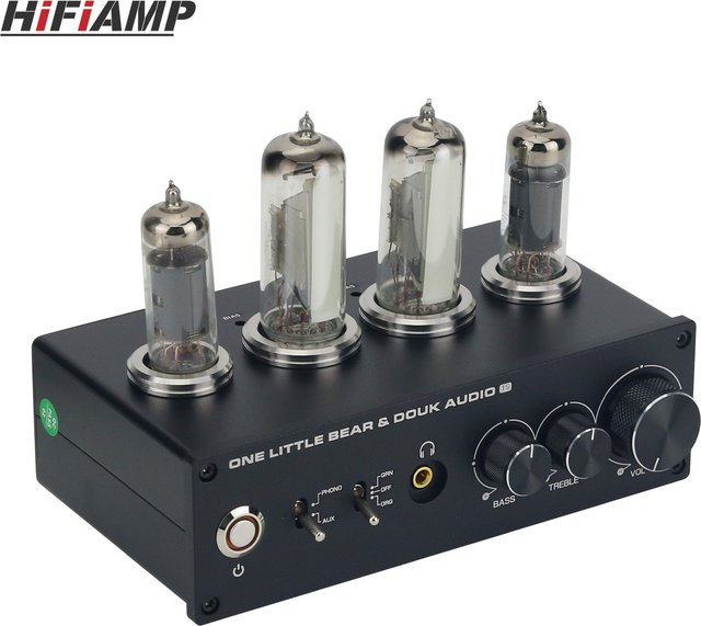 HiFiAMP T9 Vorverstärker in Schwarz mit 2x6E2 Röhren, MM/MC Plattenspieler-Mikrofonverstärker und 3,5 mm Ausgang - Bild 1
