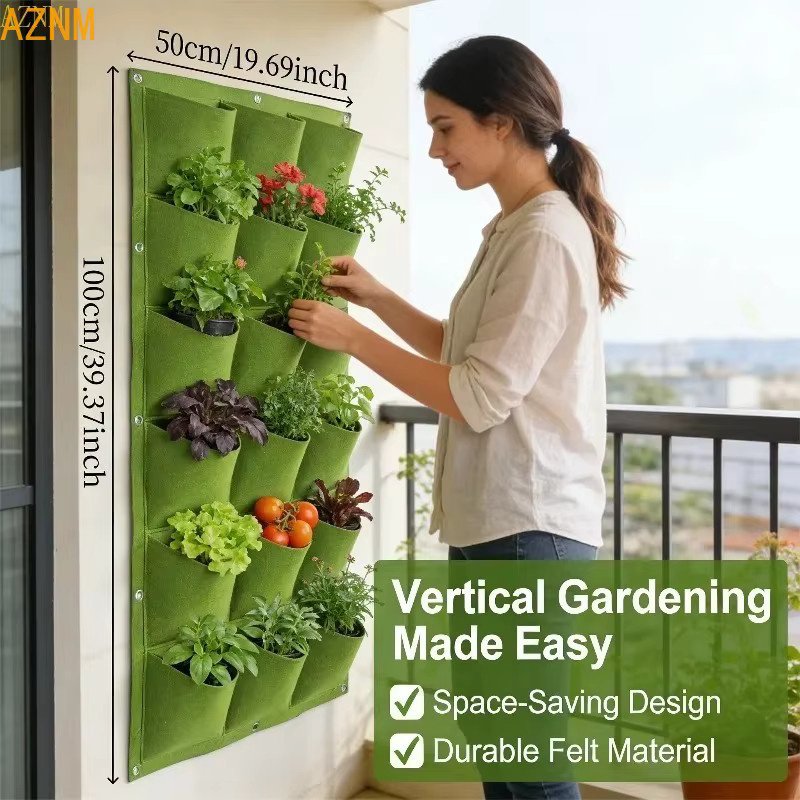 Multifunktionaler vertikaler Garten-Pflanzbeutel mit 18 Taschen in Grün, platzsparender Wandmontage für Innen- und Außenbepflanzung, B/H/T: 100 x 50 x 15 cm - Bild 7