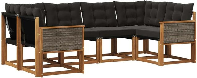vidaXL Outdoor-Sofagarnitur L-Form aus Akazienholz und Textilene mit 6 Kissen in Schwarz und Natur - Bild 1