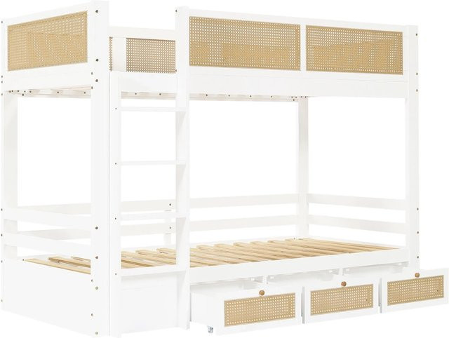 okwish Etagenbett für das Kinderzimmer in Weiß mit Schubladen und Rattanzaun, B/T/H: 90 x 200 x 150 cm - Bild 1