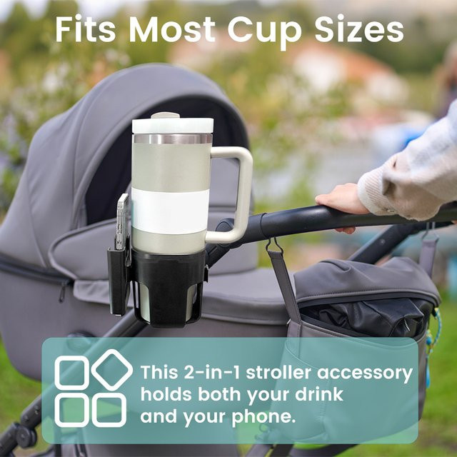 momo&dudu 2-in-1 Getränkehalter und Handyhalter für Kinderwagen, Fahrrad oder Rollstuhl mit 360 Grad Drehung und starkem Clip, Grau/Schwarz - Bild 1