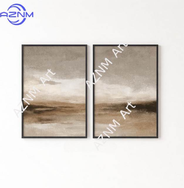 AZNM 2er-Set Wandkunst Neutrale Horizont-Diptychon: Beige Abstrakte Landschaft im minimalistischen Design - Bild 1