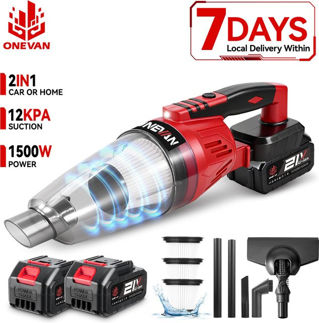 ONEVAN Kabelloser elektrischer Handstaubsauger 1500W mit 12kPa Saugkraft für Boden und Sofa, rot, bagless, kompatibel mit Makita 18V Akku - Bild 1