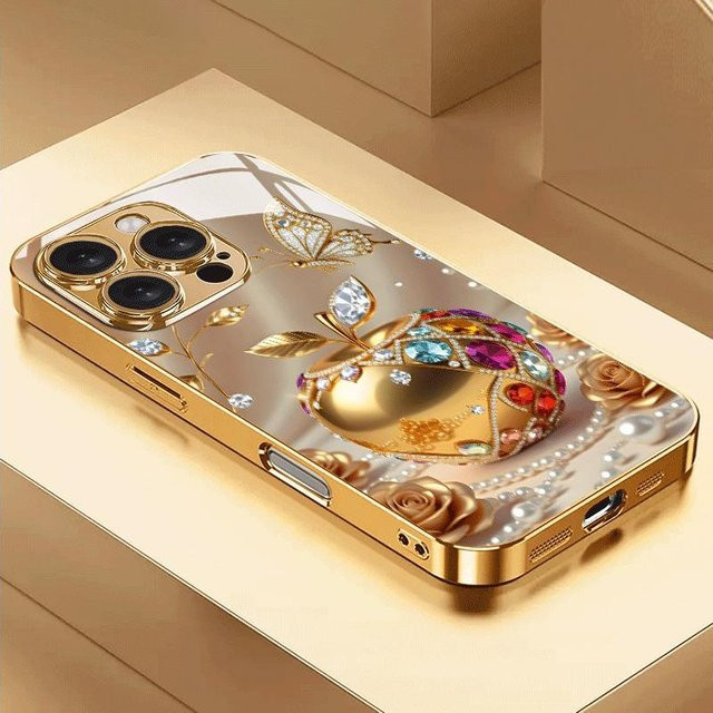 Luxus Gold Handyhülle aus Glas mit Muster für Apple iPhone 11 bis iPhone 17 Pro Max und Air Modelle - Bild 1