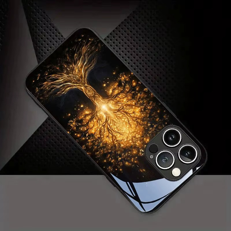 Jinhui Handyhülle aus gehärtetem Glas mit Lebensbaum Muster in Schwarz für Samsung Galaxy S25 S24 S23 Ultra Plus FE stoßfest - Bild 4
