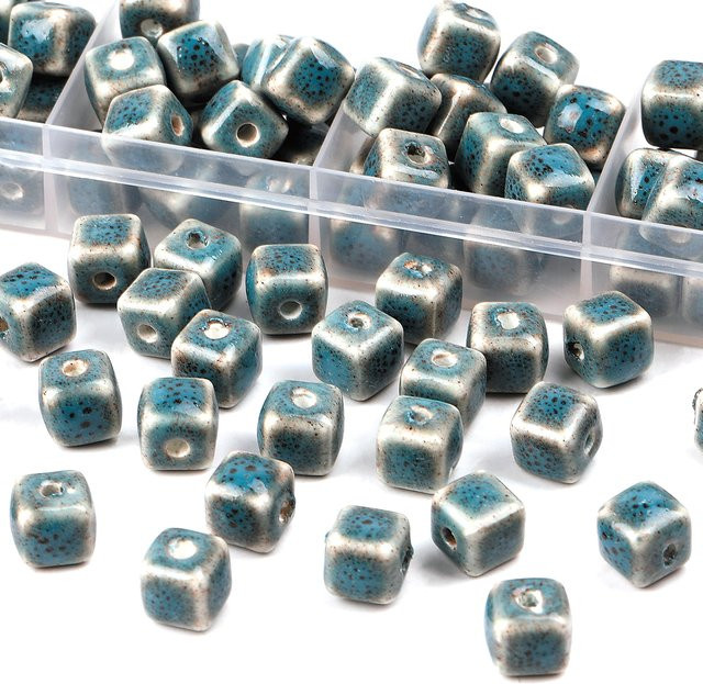 NASSBORO Perlen, Retro See Blau, Quadrat Keramik Würfel, Charms - Bild 1