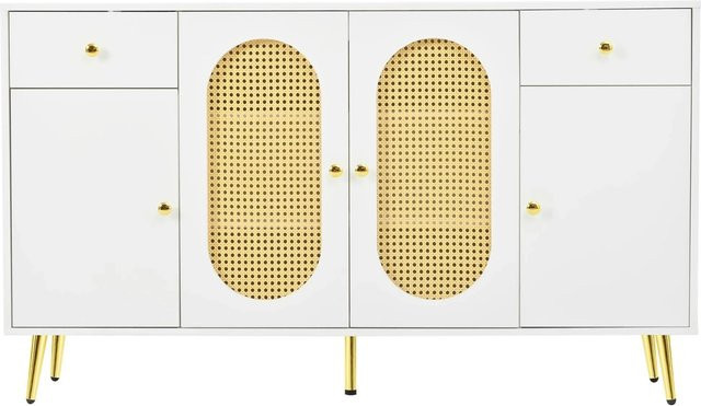 okwish Sideboard für dein Wohnzimmer mit 2 Schubladen und 4 Türen in Weiß und Beige, B/T/H: 140 x 35 x 82 cm - Bild 1