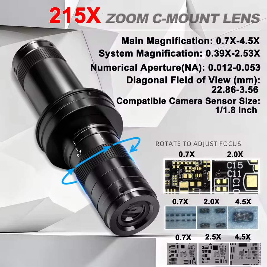 YIZHAN C-Mount Zoom-Objektiv für digitale Mikroskop-Kameras mit einstellbarer Vergrößerung 42/50mm, Schwarz - Bild 3