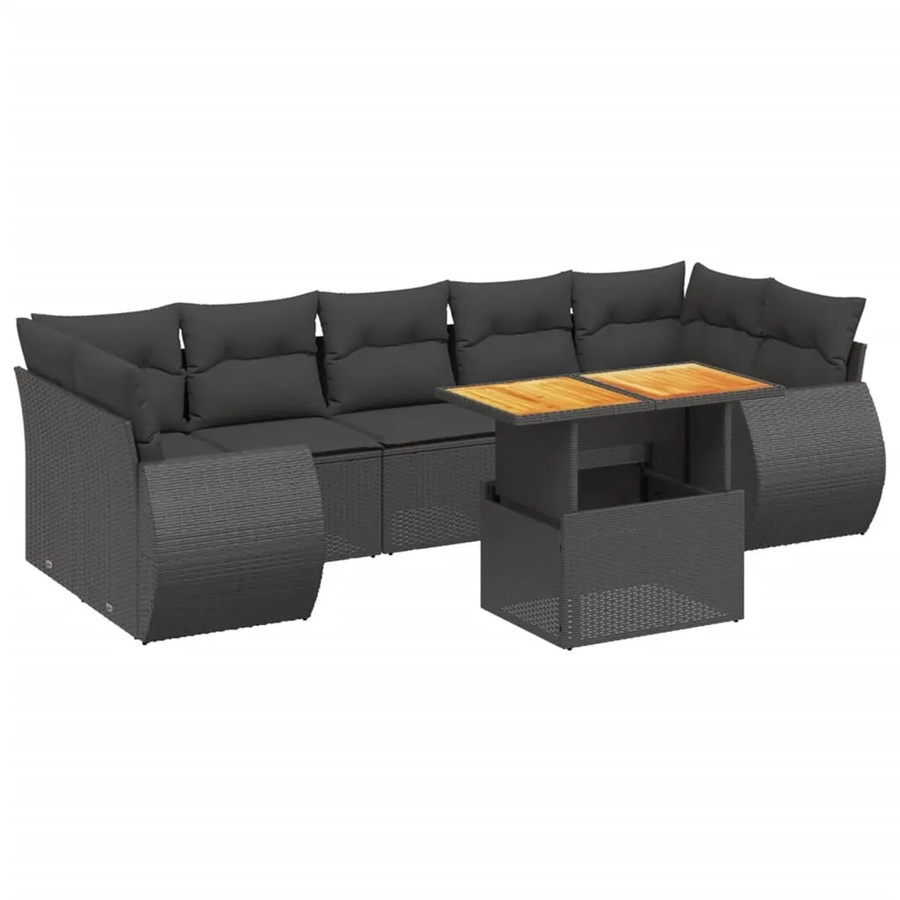 vidaXL 8-tlg. Garten-Sofagarnitur in L-Form aus Poly-Rattan und Akazienholz mit Kissen, Schwarz - Bild 2