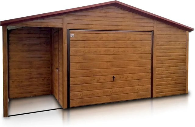 Liderstal Einzelgarage Premium aus Blech mit Satteldach und Schwingtor in Eiche Holznachbildung, B: 600 cm, H: 280 cm, T: 600 cm - Bild 1