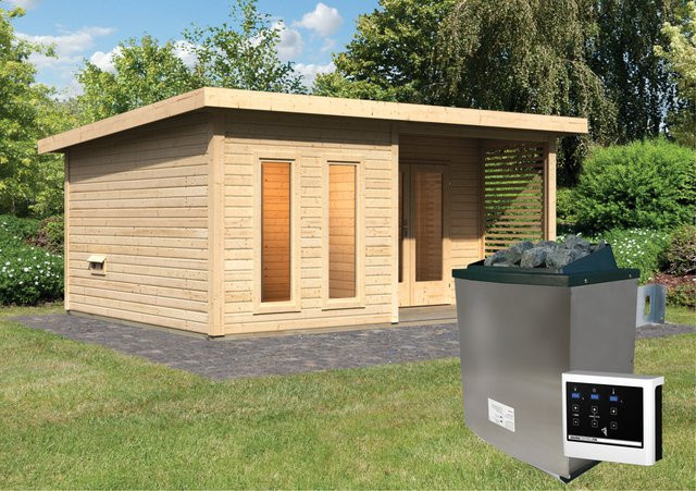 Saunahaus MAINBURG 5 mit Vorraum, naturbelassen, inklusive 9,0 kW Ofen, Steuergerät und Set A mit 2 Liegen, B/T/H: 509 x 369 x 200 x 170 cm - Bild 1