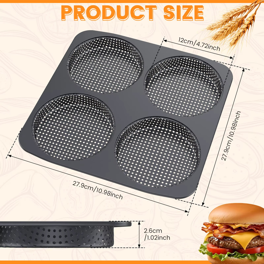 Willstar Hamburgerbrötchen-Backform aus Kohlenstoffstahl, 4 Hohlräume, perforiert, Antihaftbeschichtung, Schwarz, Durchmesser: 12 cm - Bild 6