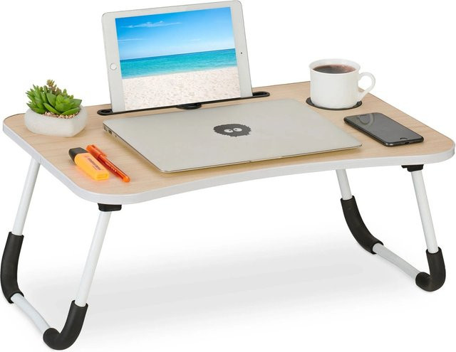 Relaxdays Laptoptisch zusammenklappbar in Weiß mit Tablet- und Getränkehalter, B/T/H: 63 x 40 x 26 cm - Bild 1
