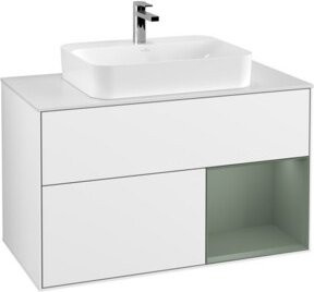 V&B Waschtischunterschrank Finion 100 mit Wandbeleuchtung in Eiche Rustikal Oliven und Weiß Lackiert, Breite: 100 cm, Höhe: 50,1 cm, Tiefe: 50,1 cm - Bild 1