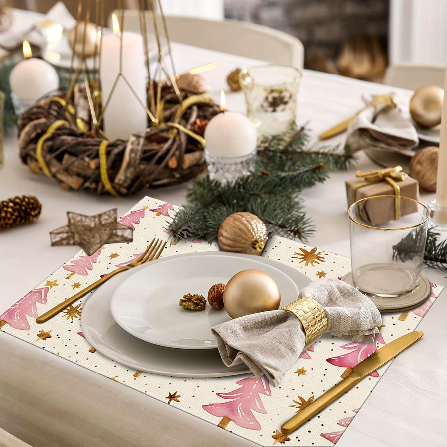 VIKAMA Weihnachts-Tischsets mit rosa Weihnachtsbaum-Motiv, wasserdichte Untersetzer für Küche und Restaurant, B/T: 40 x 30 cm - Bild 3