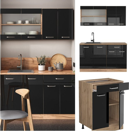 Vicco R-Line Küchenzeile in Schwarz und Eiche mit Goldakzenten, Breite: 140 cm