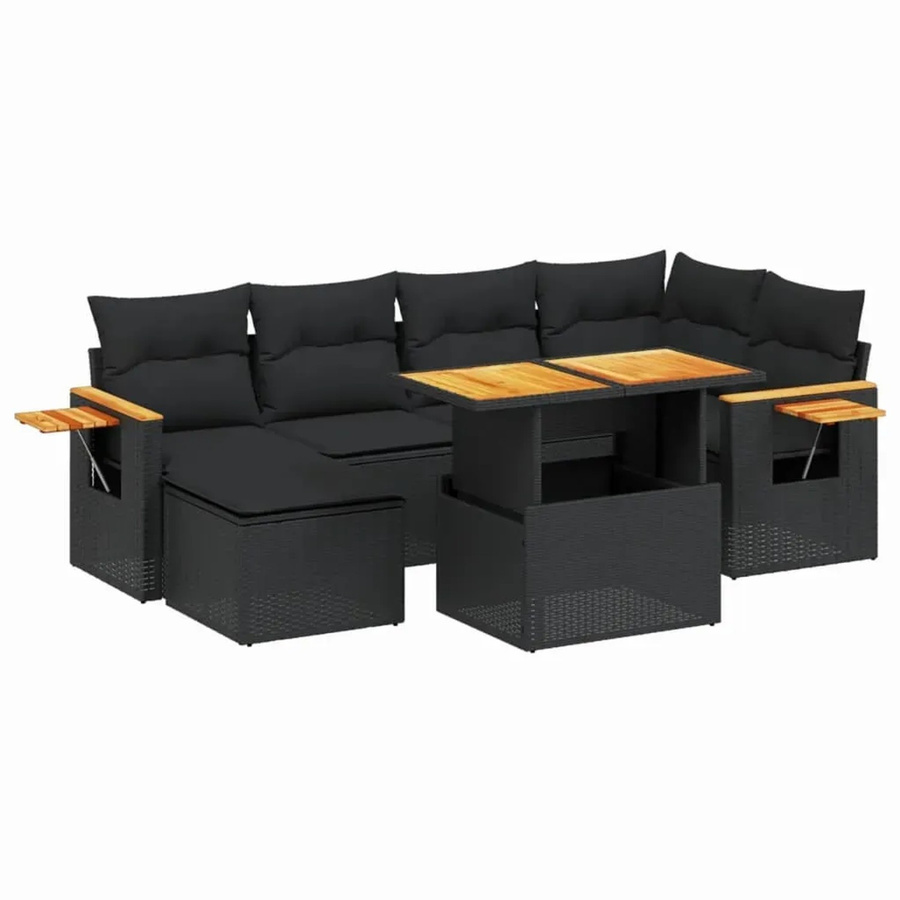 vidaXL 7-teilige Garten-Sofagarnitur in L-Form aus schwarzem PE-Rattan mit Kissen und Akazienholz - Bild 2
