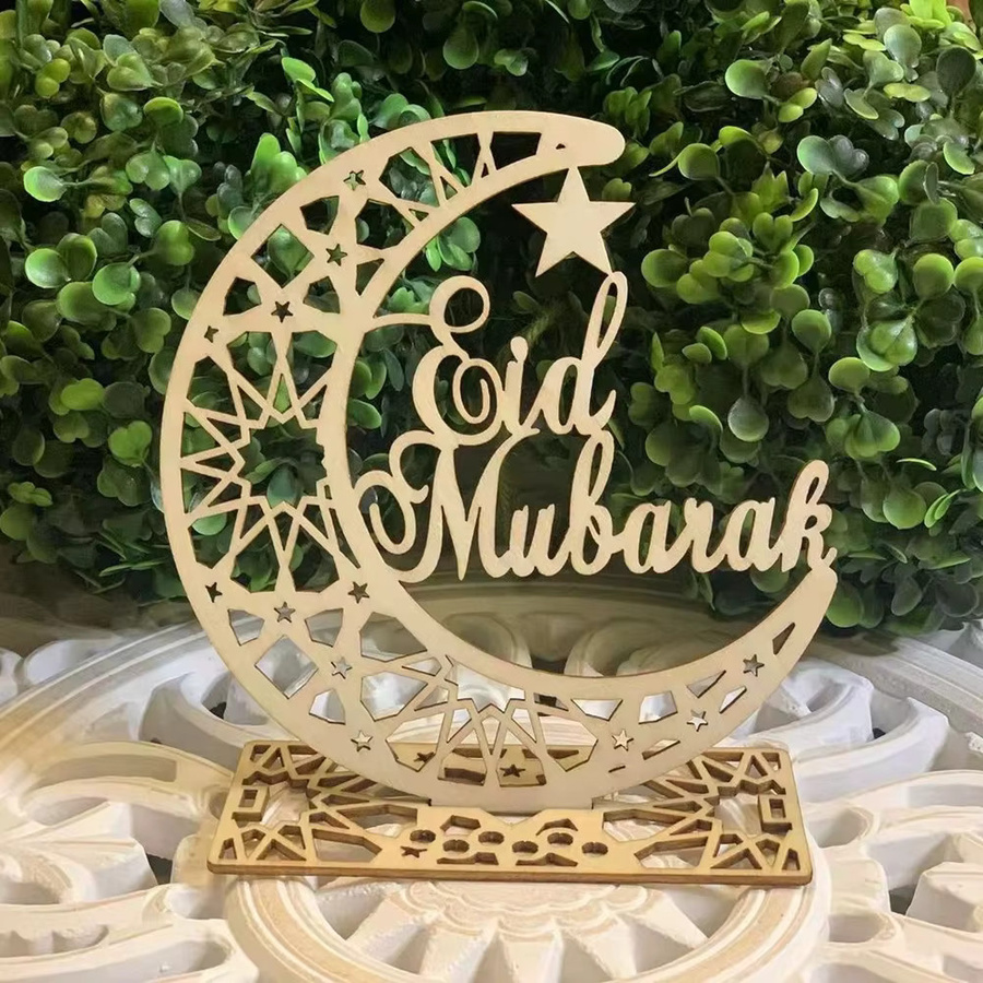 2er-Set Eid Mubarak Holzornamente mit Mond und Tempel als orientalische Tischdekoration für Ramadan Kareem und islamische Feierlichkeiten - Bild 2