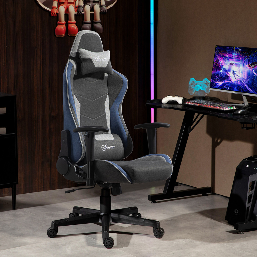 Aosom Vinsetto Ergonomischer Gaming-Stuhl Rezeptron in Blau mit Leinen-Stoff, Armlehnen, Kopfstütze, Lordosenstütze und Wippfunktion - Bild 2