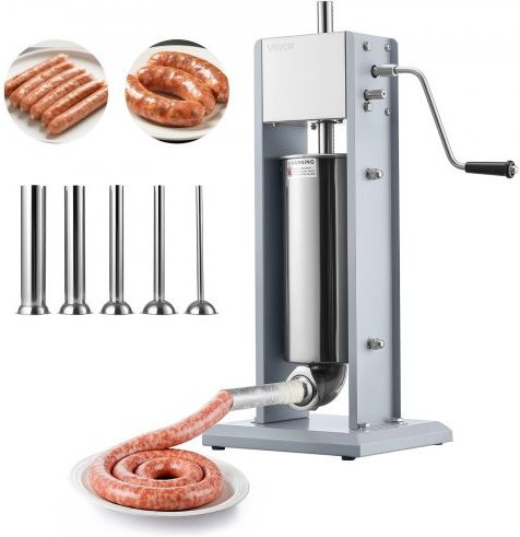VEVOR Manueller Wurstfüller aus Edelstahl in Silber, Vertikale Wurstfüllmaschine mit 5 L Füllmenge und zwei Geschwindigkeiten inklusive 5 Füllrohren - Bild 1