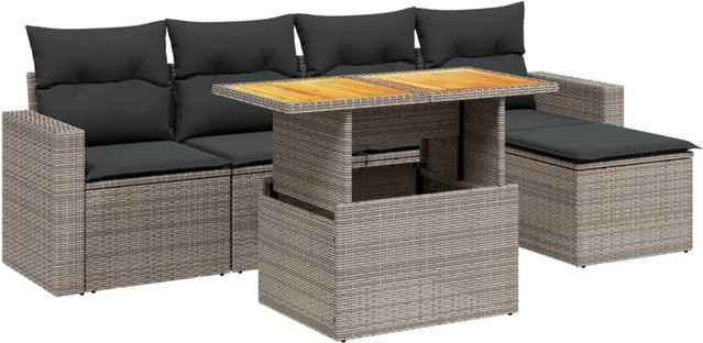 vidaXL 6-teilige Garten-Sofagarnitur in L-Form aus grauem Poly-Rattan mit Kissen und pulverbeschichtetem Stahlrahmen - Bild 1