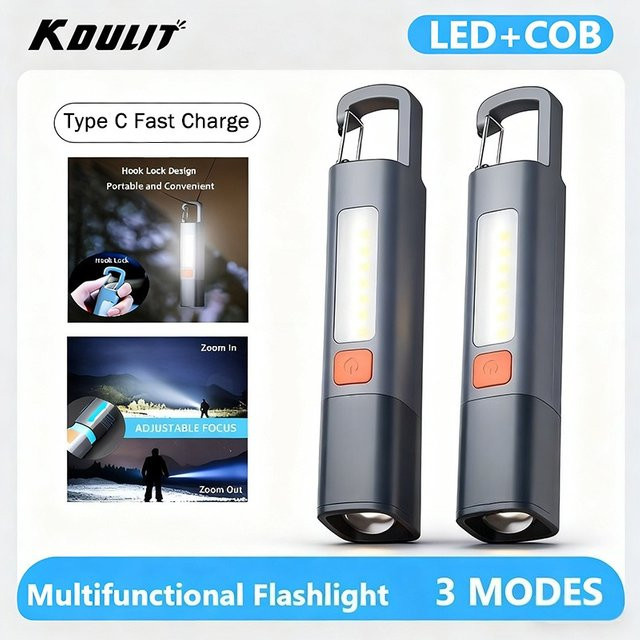 KDULIT USB-aufladbare LED Taschenlampe aus ABS mit COB-Seitenlampe, Teleskop-Fokus und Haken für Outdoor und Camping - Bild 1