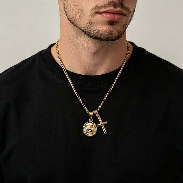 MECYLIFE Halskette Gebetshände, Kreuz, Edelstahl, Gold, Herren - Bild 1