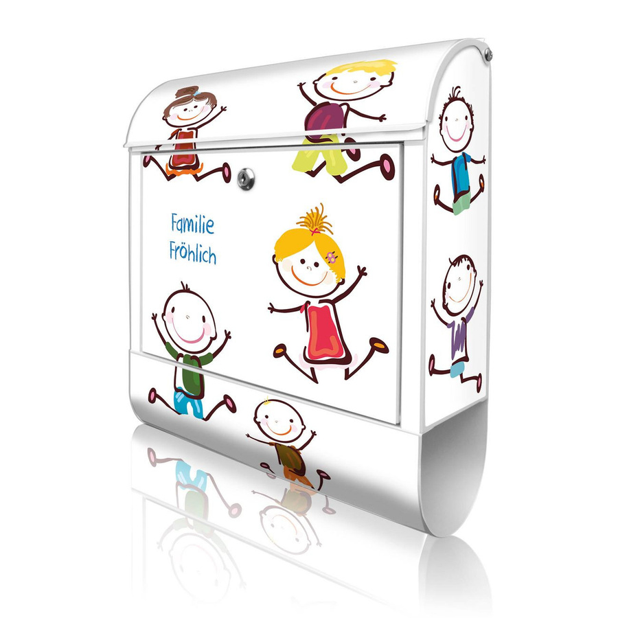 Banjado Design Briefkasten Happy Kids in Weiß aus Stahl mit Zeitungsfach und A4 Einwurf, H x B x T: 38 x 47 x 13 cm - Bild 1