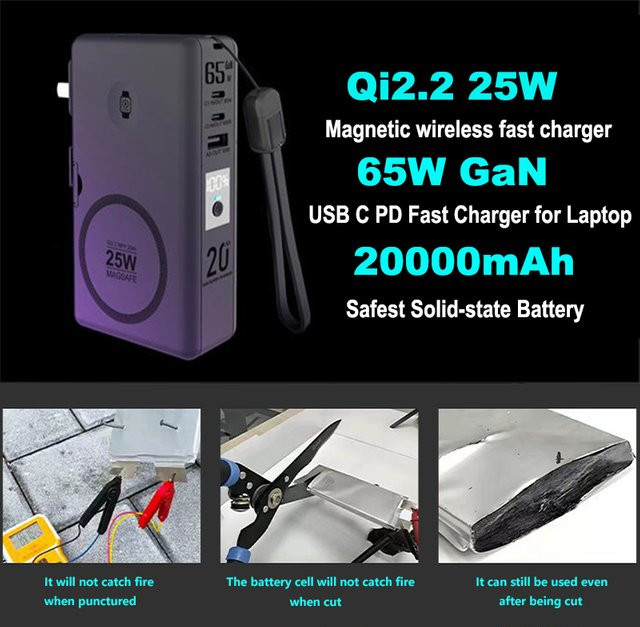 65 W GaN USB C Ladegerät und 20000 mAh Power Bank mit 25 W Qi2.2 magnetischem kabellosem Schnellladegerät in Schwarz für iPhone, iWatch und AirPods - Bild 1
