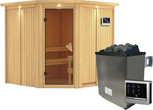 Karibu Sauna Vöru in Beige mit 9 kW Saunaofen und externer Steuerung für 4 Personen, B/H/T: 210 x 202 x 210 cm - Bild 1