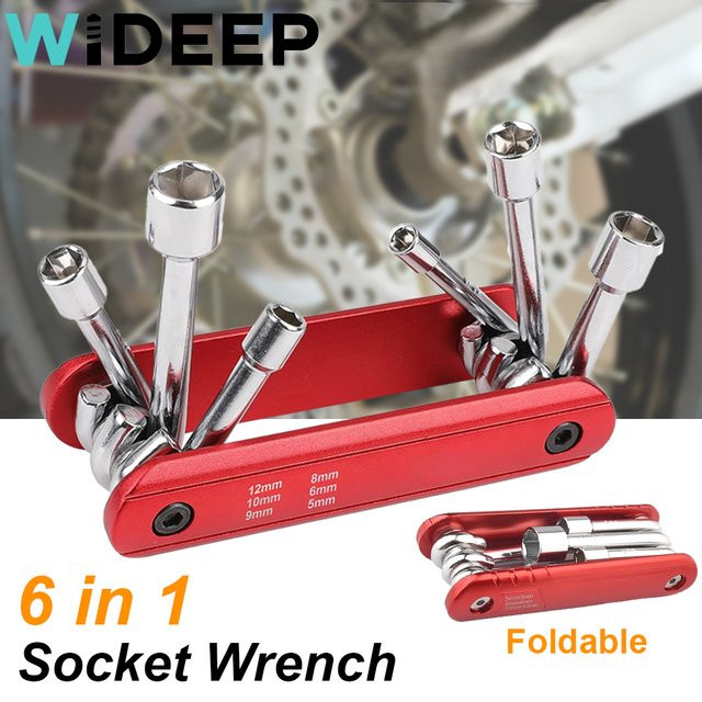 WIDEEP 6-in-1 Multifunktions-Hülsen-Werkzeug-Set, klappbarer Steckschlüssel für Haushalt und Outdoor, Rot, Länge: 15,2 cm - Bild 1