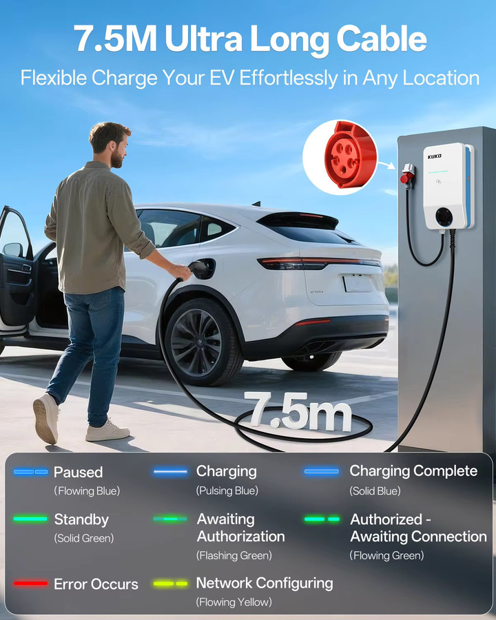 KUKO Typ 2 EV-Ladegerät Tragbares Ladegerät mit WLAN-App und Bluetooth-Steuerung, 32A Einphasig/Mehrphasig, Weiß - Bild 3