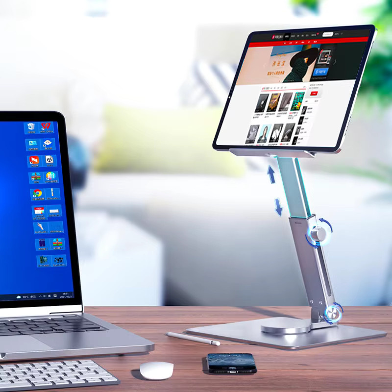 Homhu Tablet-Ständer aus Aluminium, 360 Grad rotierbar und zusammenklappbar, verstellbarer Schreibtischhalter für iPad Pro Air und Samsung Galaxy Tab, Farbe: Silber/Grau - Bild 3