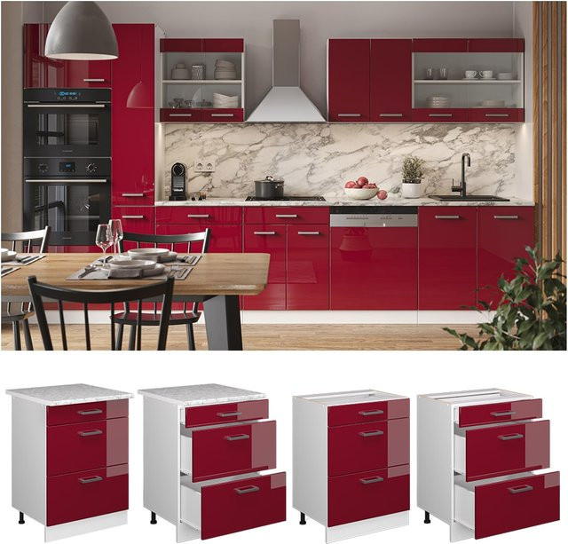 Vicco Küchenunterschrank R-Line mit Schubladen Weiß Bordeaux Hochglanz Breite: 60 cm, Tiefe: 46 cm, Höhe: 81,6 cm - Bild 1
